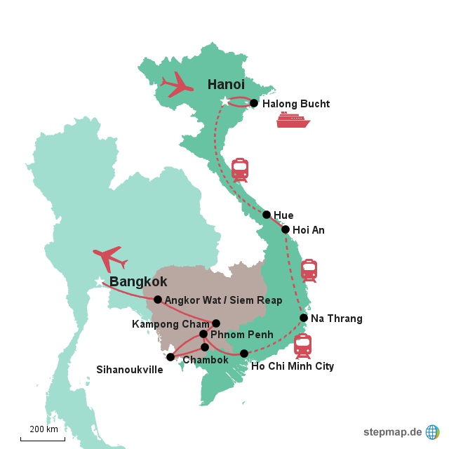 Karte Vietnam - Kambodscha - Thailand